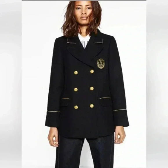 Zara Women Gold Button Navy Blue Wool Blend Jacket, Size Small - Picture 1 of 6